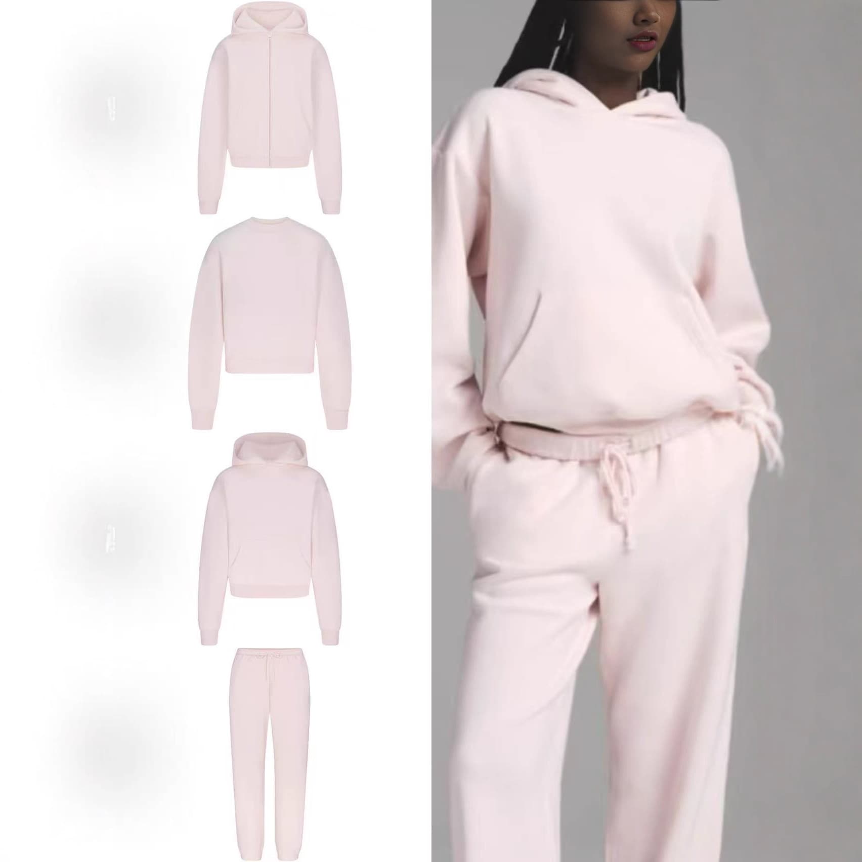 skims Kardashian light pink series embossed letters hooded sweatshirt round neck jacket leggings sweatshirt fleece