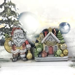 X1132+X1135 Christmas Wooden House Santa Claus Decorative Cement Plaster Mold DIY Silicone Mold