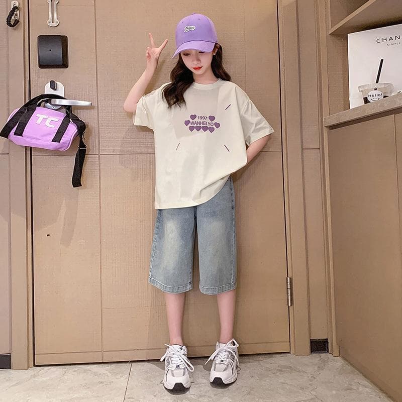 2025 New short-sleeved T-shirt two-piece summer set for big and medium girls, Korean-style fashionable top