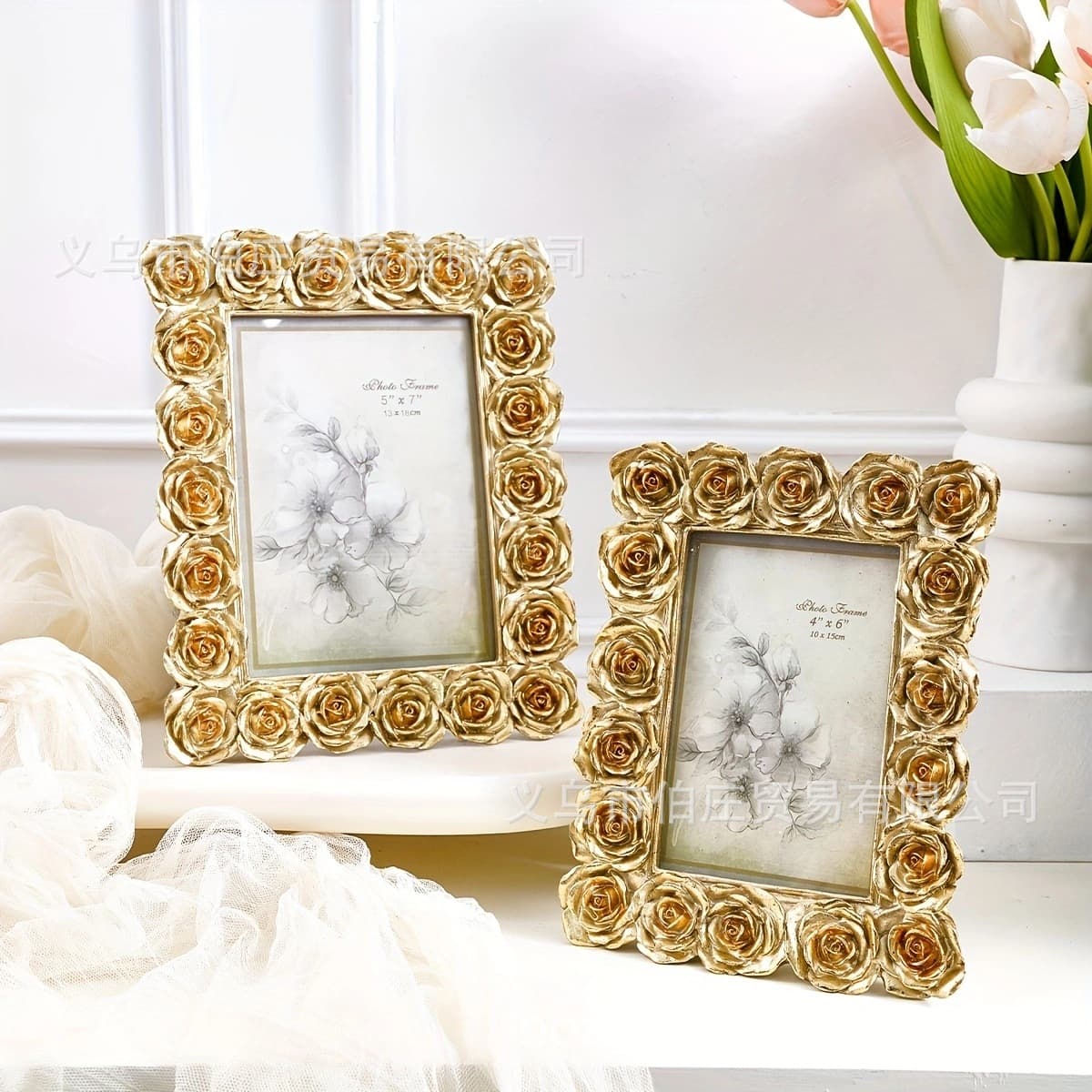 1 Piece European Vintage Style Gold Rose Lace Photo Frame Ornament, Resin Material Frame, Desktop Warm Decor