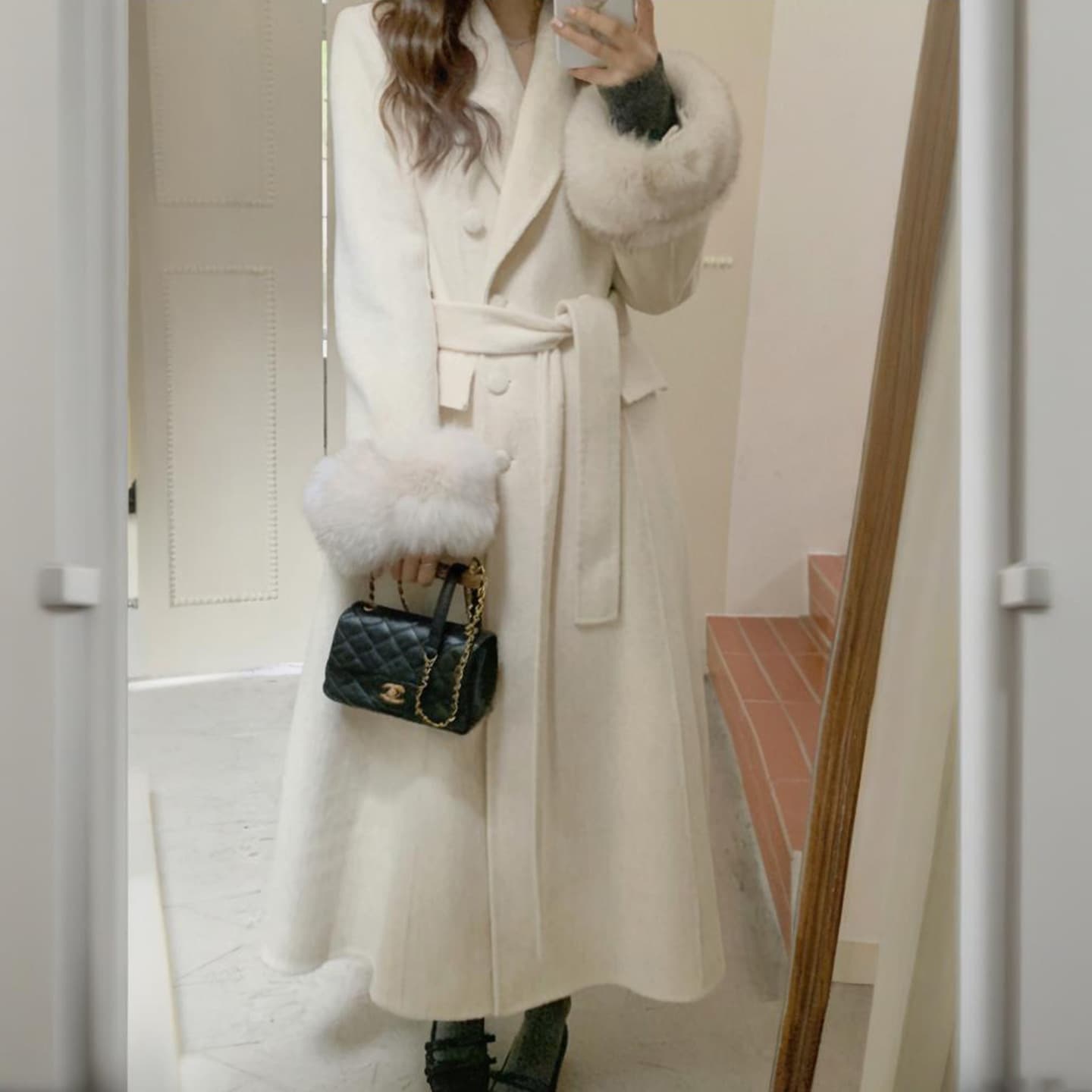 2025 Korean Double-Sided Hand-Stitched Cashmere Wool Coat with Detachable Blue Fox Fur Sleeves, Long Style for Women DY-1111