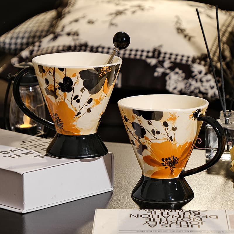 Retro Style Ceramic Mug with Stem, High-Appeal Office Coffee Cup, Holiday Gift, Premium Water Cup