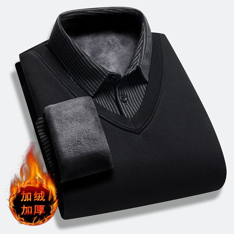 Winter Middle-Aged and Elderly Dad Outfit Fleece-Lined Thick Two-Piece Shirt Collar Top Solid Color Knit Base Layer Sweater Men