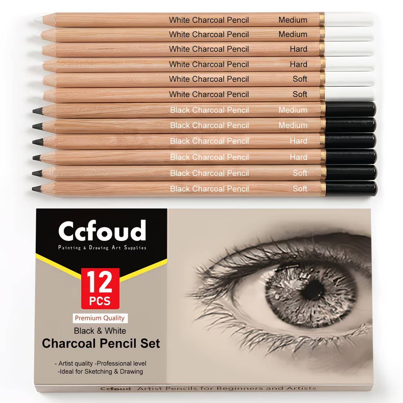 12 sketch pencils for art students, beginner drawing charcoal pens, black charcoal and white charcoal sketch pencils
