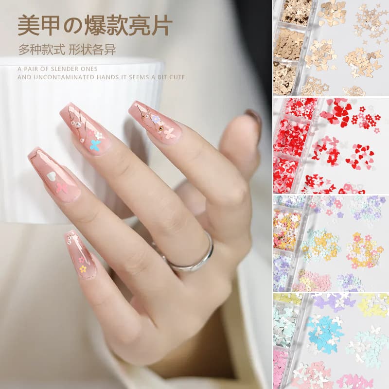 Nail Glitter Sequins, 6-Grid Box Set, Heart Butterfly Rabbit Flower Irregular Ultra-Thin Sparkle Large Glitter