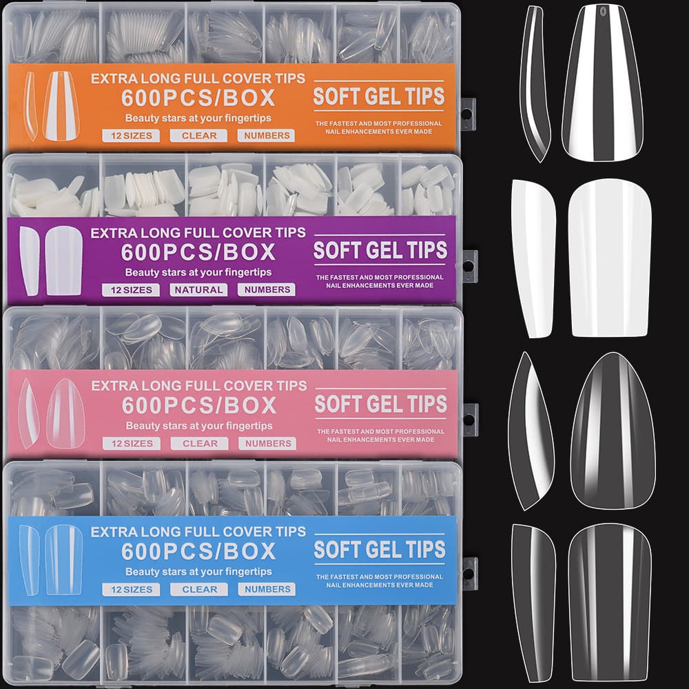 Cross-border 600pcs Medium-Long Clear Nail Tips Almond Medium Square Coffin Fake Nails Removable