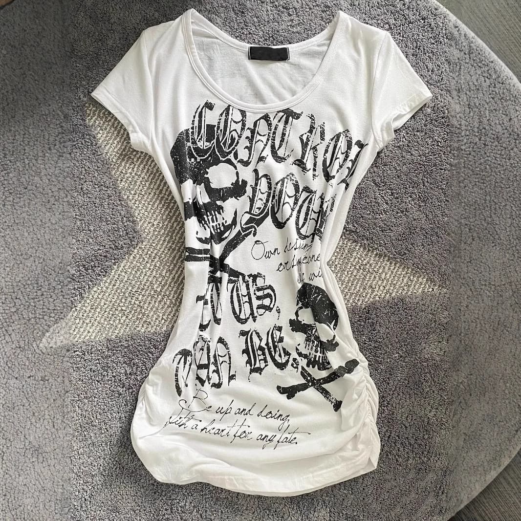 Vintage Fitted Punk Rock Short Sleeve American Black Skull Bones Print Top