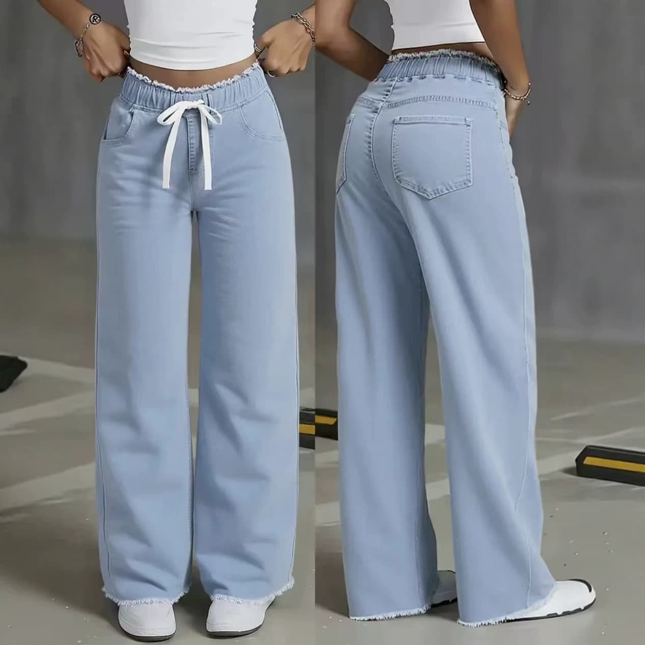 European and American elastic waist drawstring wide leg jeans for women raw edge high waist light blue washed loose drape straight trousers