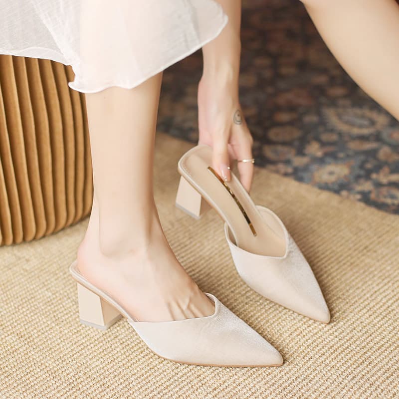 6066-9 Women's Open-Toe Half-Slippers Summer New Fashionable Sandals with Chunky Heels, Sizes 34-39