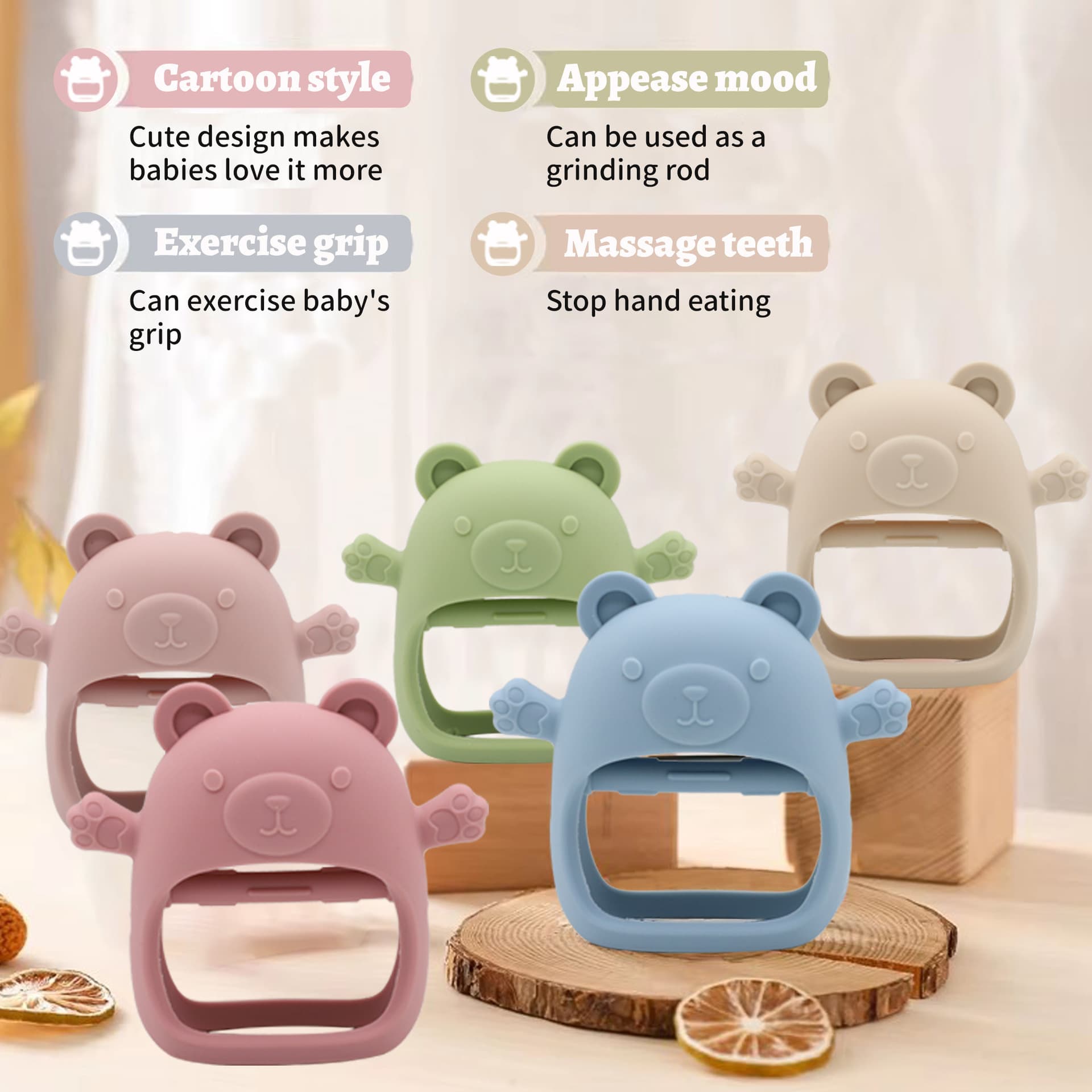 Cross-border Baby Food-Grade Silicone Teether Bear Glove Toy Infant Chewing Stick Anti-Finger Sucking Soothing Toy