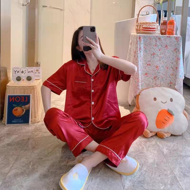 Summer Women's Pajamas Silk Ice Silk Thin Short Sleeve Long Pants Cardigan Silk-Like Sexy Wear-Out Homewear Set