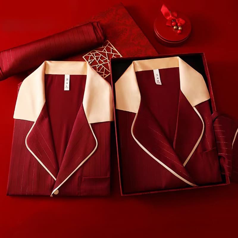 Year of the Snake Red Zodiac Homewear Spring/Autumn Long Sleeve Long Pants Satin Pajamas Chinese Style Newlywed Couple Pajamas