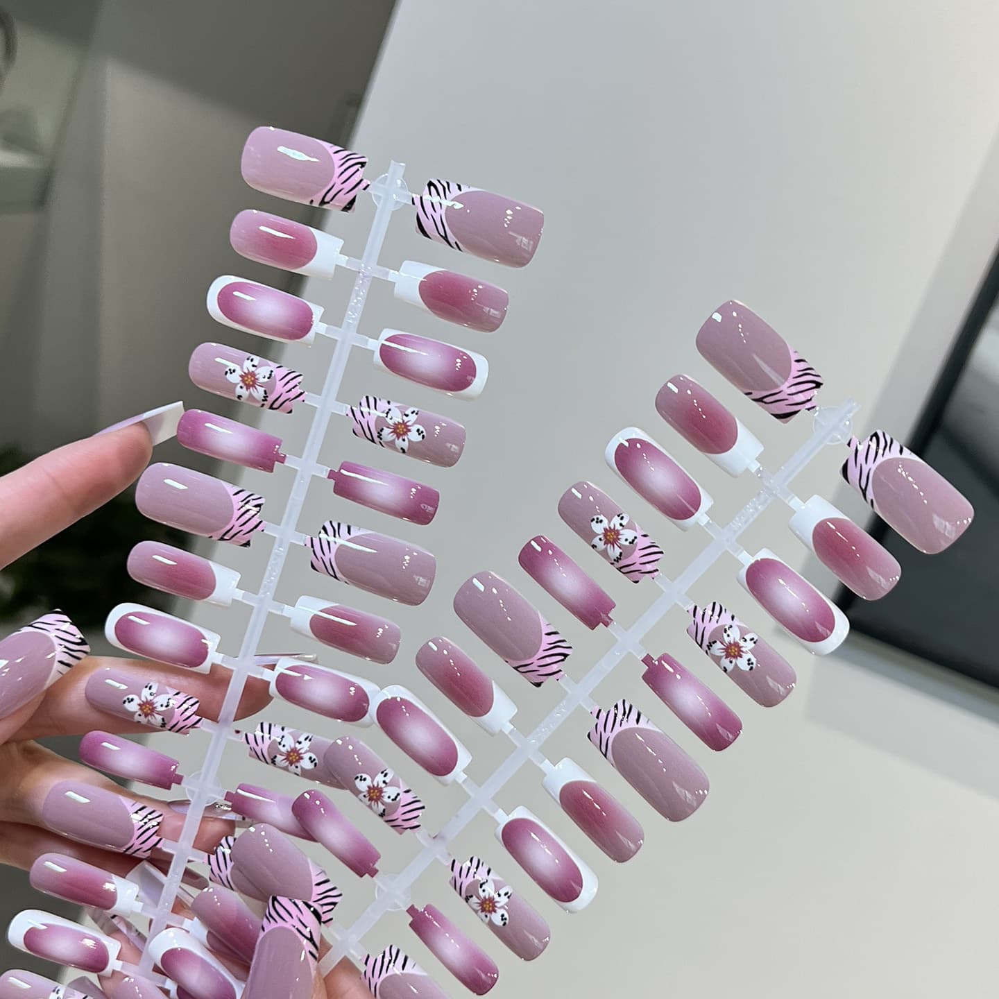 Leopard Print Cherry Blossom French 30-Piece Press-On Nails Long Square Water Pipe Soft Pink Gradient Cross-Border European American Style False Nail Tips