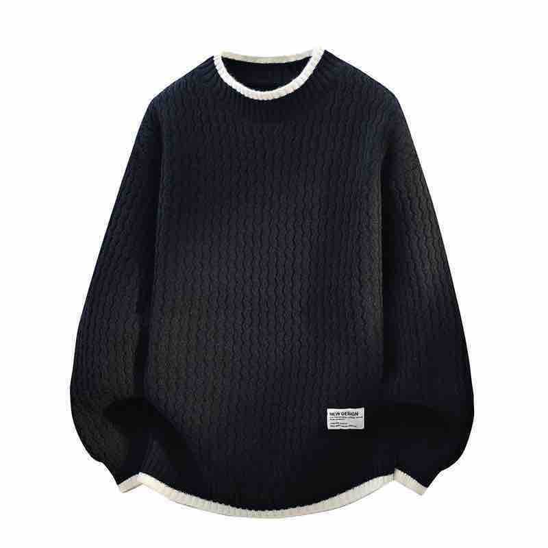 2026 new cross-border men's thickened warm knitted sweater fashion personalized label contrasting color casual sweater for men