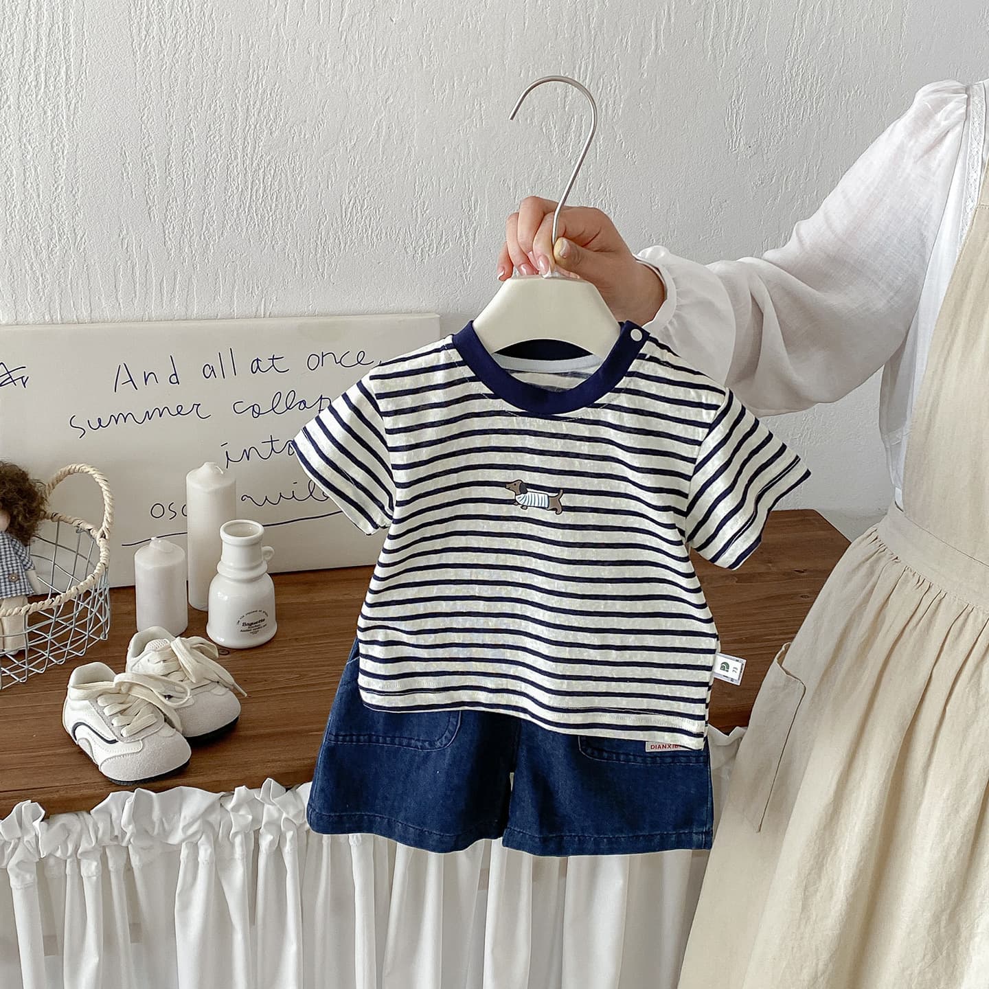 Dianxi infant summer thin Korean casual cartoon puppy striped short-sleeved baby boy's style denim shorts