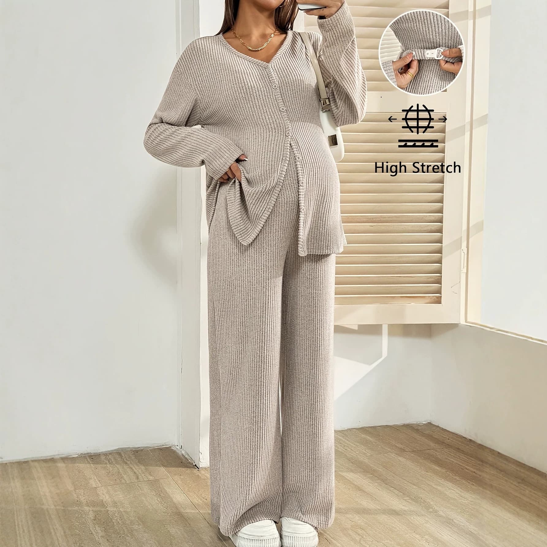 European and American pregnant women 2-piece set autumn and winter knitted cardigan top with adjustable waist casual loose trousers maternity suit