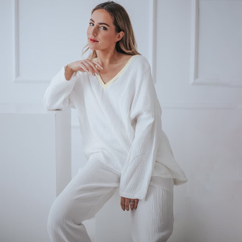European and American Cross-border Winter Pajamas Color Block Stitching Casual Long Sleeve Long Pants Warm Pure Cotton Soft Women's Loungewear