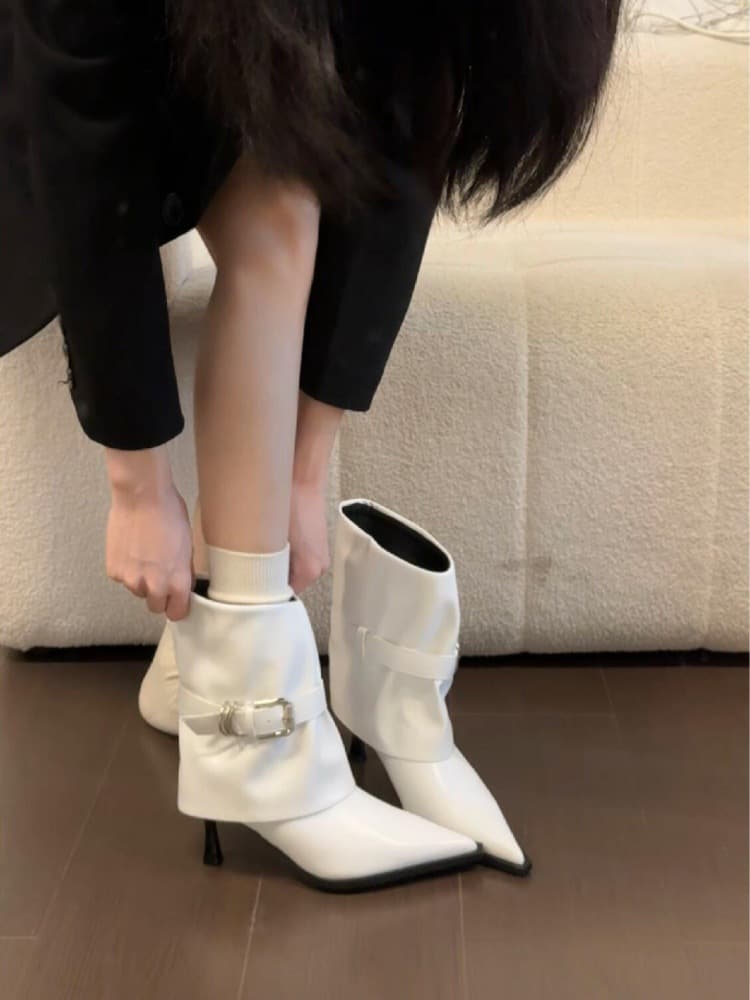 Sheepskin version ~ Pointed toe buckle Western cowboy boots for women, 2025 new style, pleated white slim boots, stiletto heel ankle boots