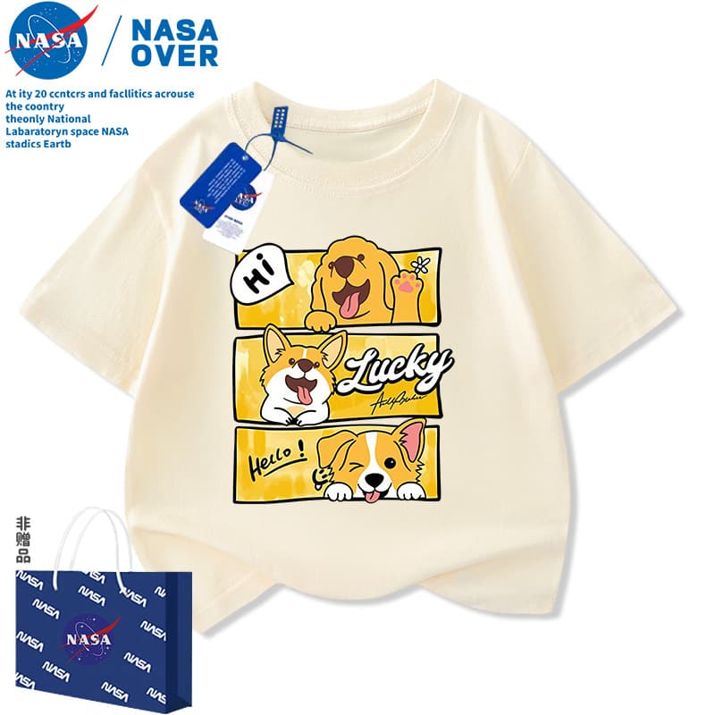 NASA cartoon funny puppy children's short-sleeved T-shirt 2026 new trendy brand medium and large children's pure cotton half-sleeved summer T-shirt