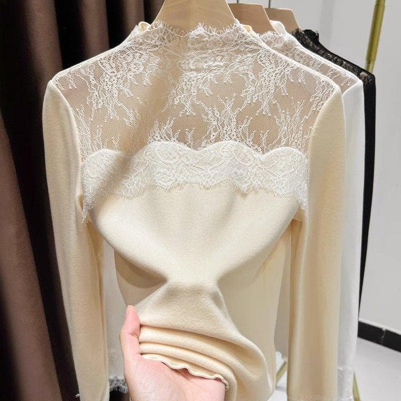 Women's Mock Neck Hollow Lace Patchwork Base Layer Top 2025 Winter Brushed Velvet Thermal Slim Fit Shirt