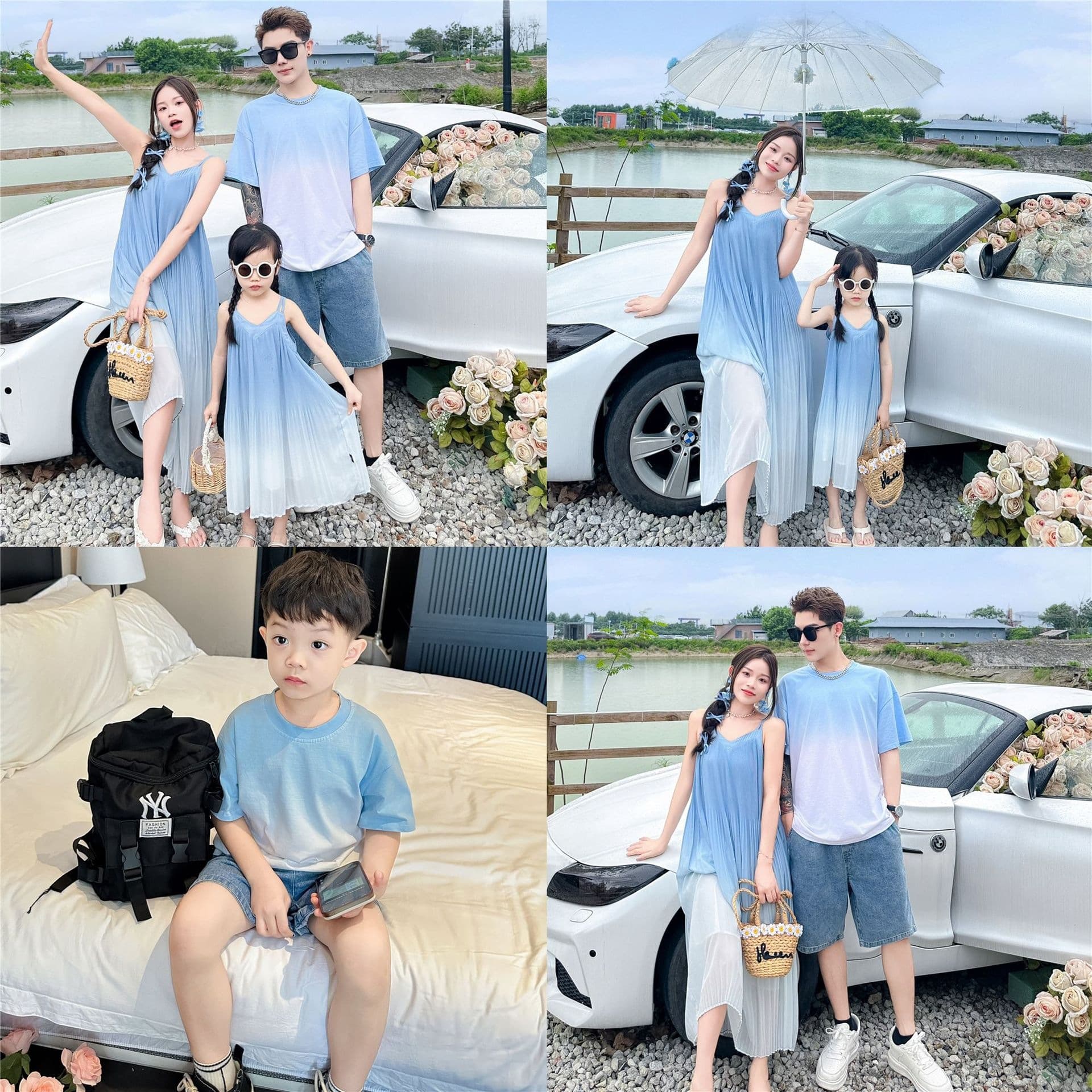 2026 New Summer Beach Style Sanya Vacation Strapless Maxi Dress Mother-Child Family Matching Set for Three