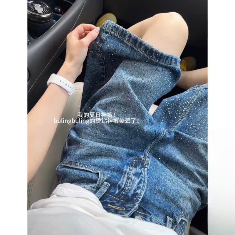 American Retro Blue Starry Rhinestone Denim Shorts for Men and Women Summer Cleanfit Loose Wide-Leg 5-Point Pants