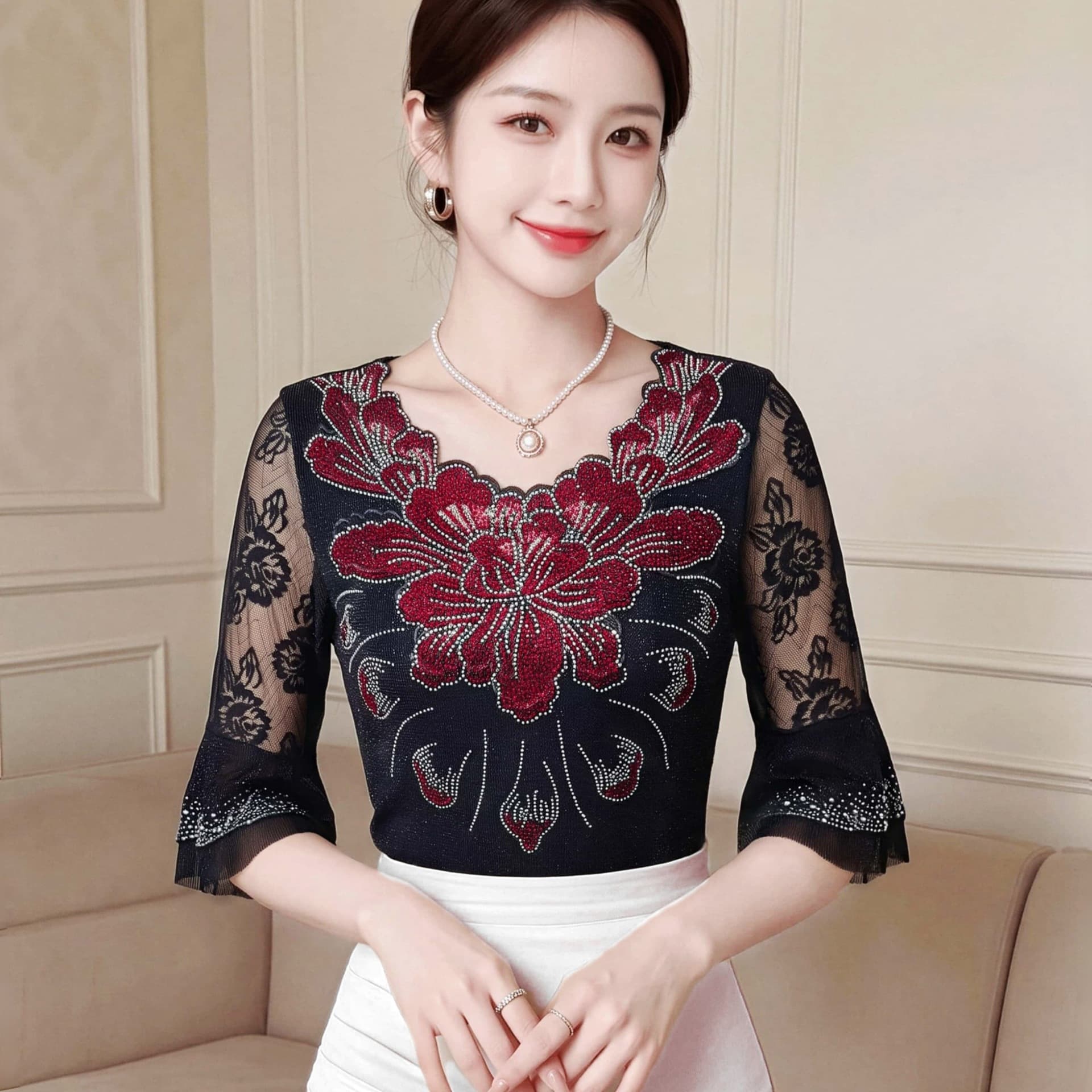 Cross-border summer elegant lace hot diamond v-neck mid-sleeve top for women soft mesh high elastic waist style t-shirt