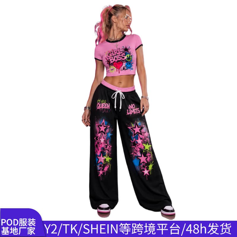 European and American Y2K Millennium Babe Two-Piece Set: Graffiti Print Top with High-Waist Drawstring Wide-Leg Pants, 48h Drop Shipping