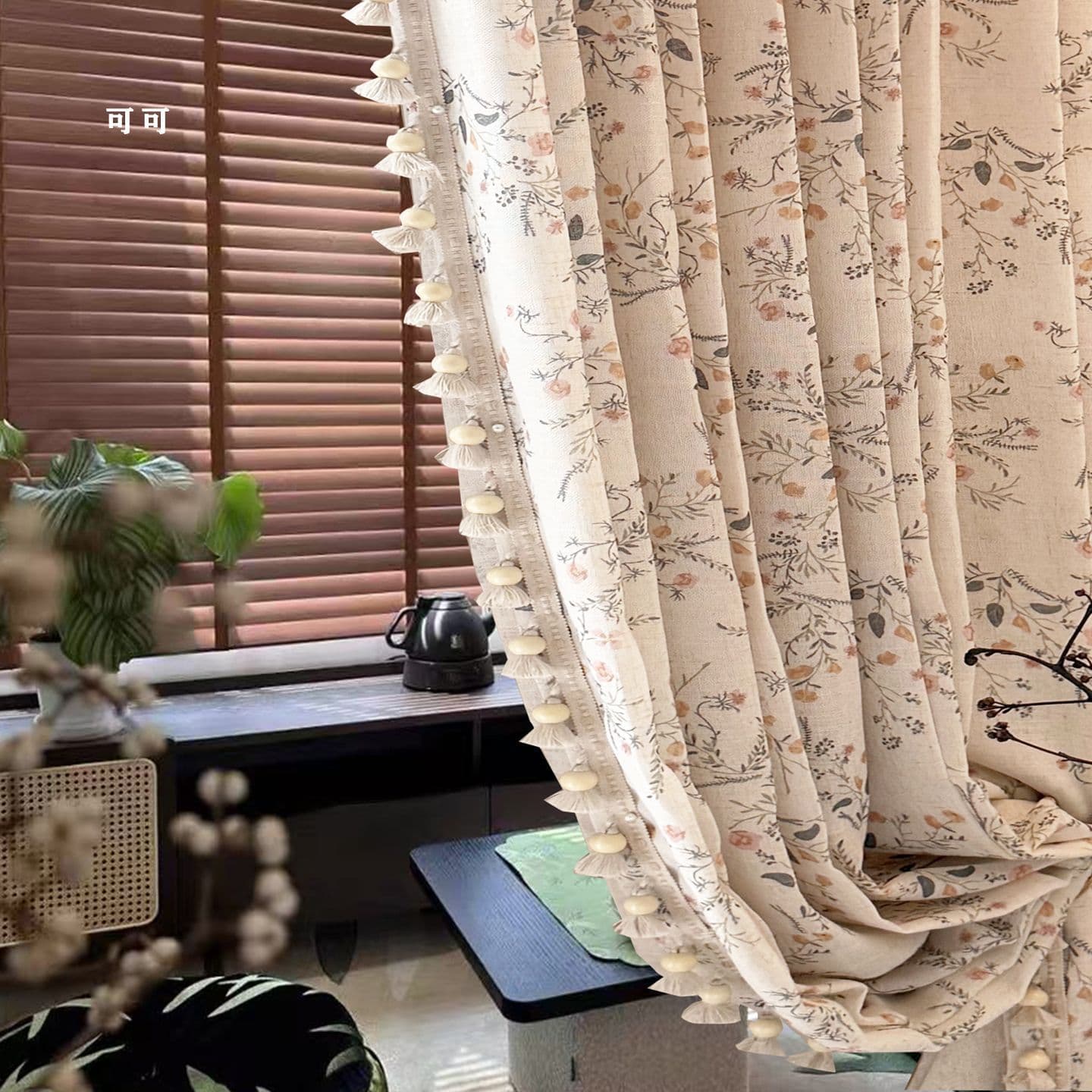 Vintage French Linen Pastoral Floral Sheer Curtain, Half Curtain Short Curtain for Bedroom, Light-Transmitting Privacy Window Sheer Door Curtain