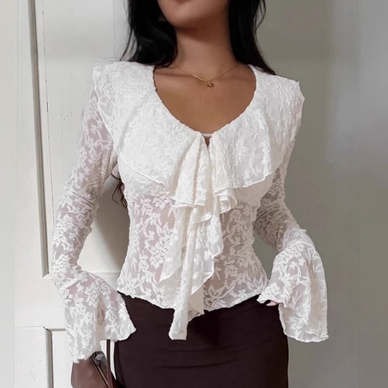 2026 Elegant Commuting White Lace Top Women Spring Design French Bell Sleeve Ruffle Shirt Women