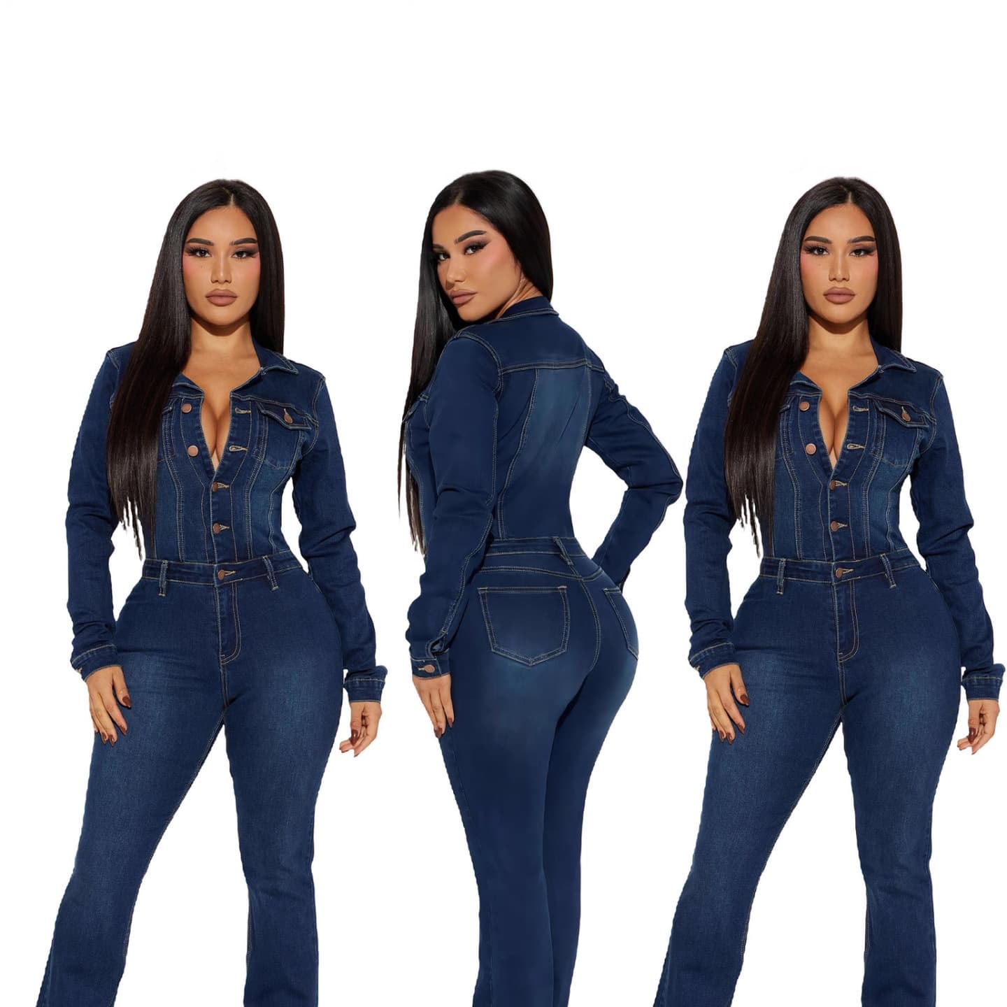 European and American Amazon Slim-Fit Stretchy Flared Fashion Long-Sleeve Denim Jumpsuit Cross-Border Women's Clothing Hot Sale