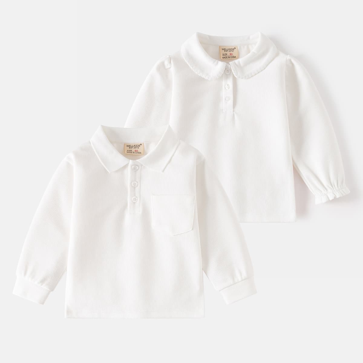 Boys' polo shirts, long-sleeved T-shirts, children's pure white school uniforms, girls' collared kindergarten uniforms, baby undershirts, drop shipping available.