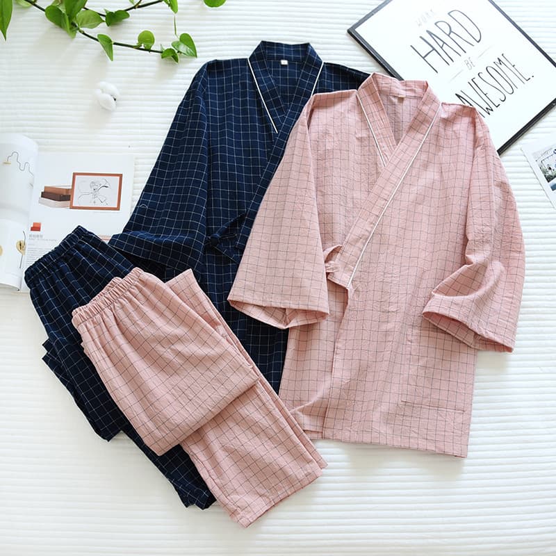 Japanese Style Women's Thin Plaid Kimono Set, 100% Cotton Washed Cotton Spring Summer Autumn Pajamas Homewear Set, Available for Drop Shipping