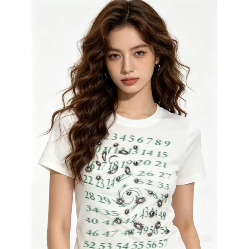 American Retro Short-Sleeved T-Shirt for Women, Summer Wear, Digital Print, Hot Girl Style, Slim Fit, White Inner Top