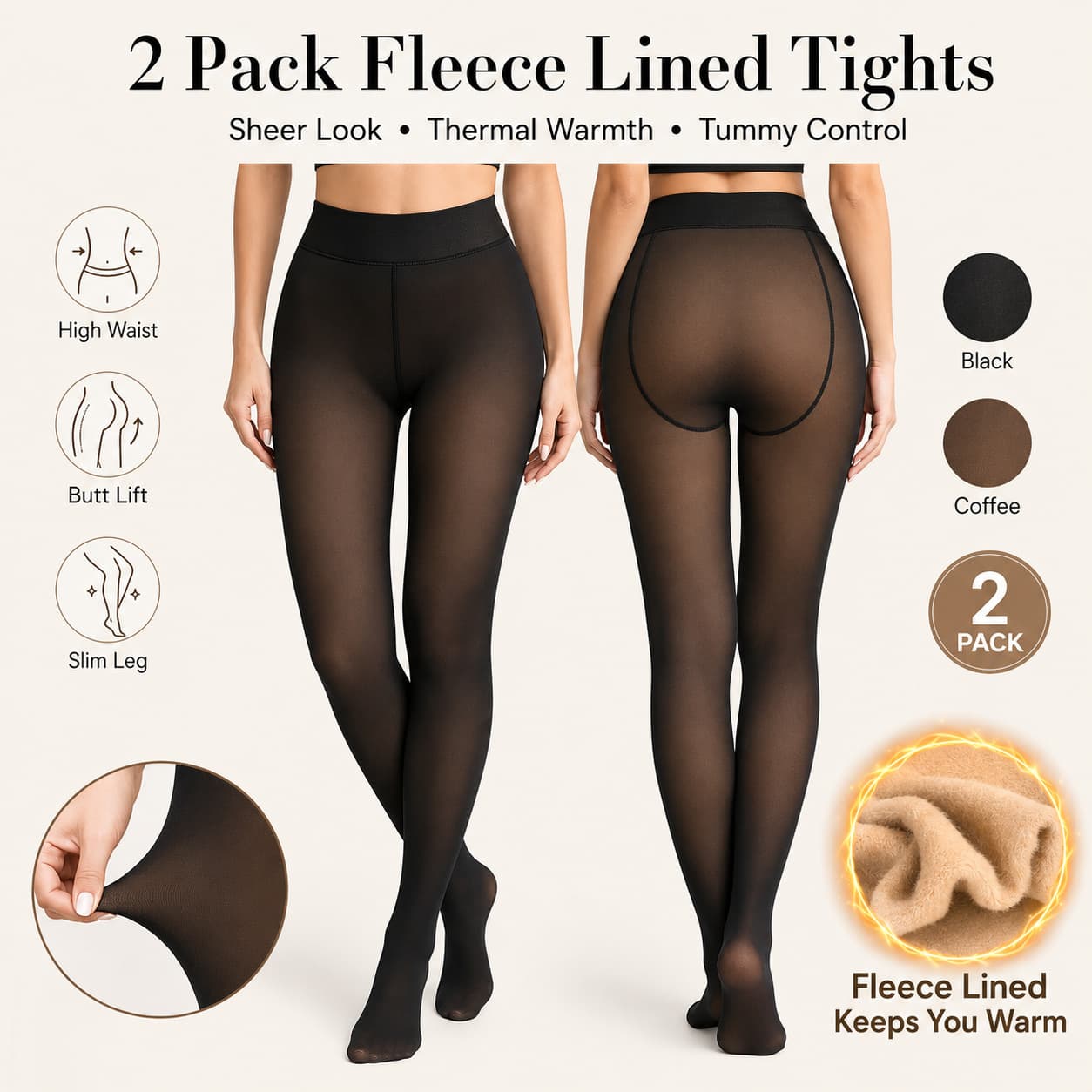 Fleece Tights Lined 2-Pack for Women Thermal Winter Basic Tights