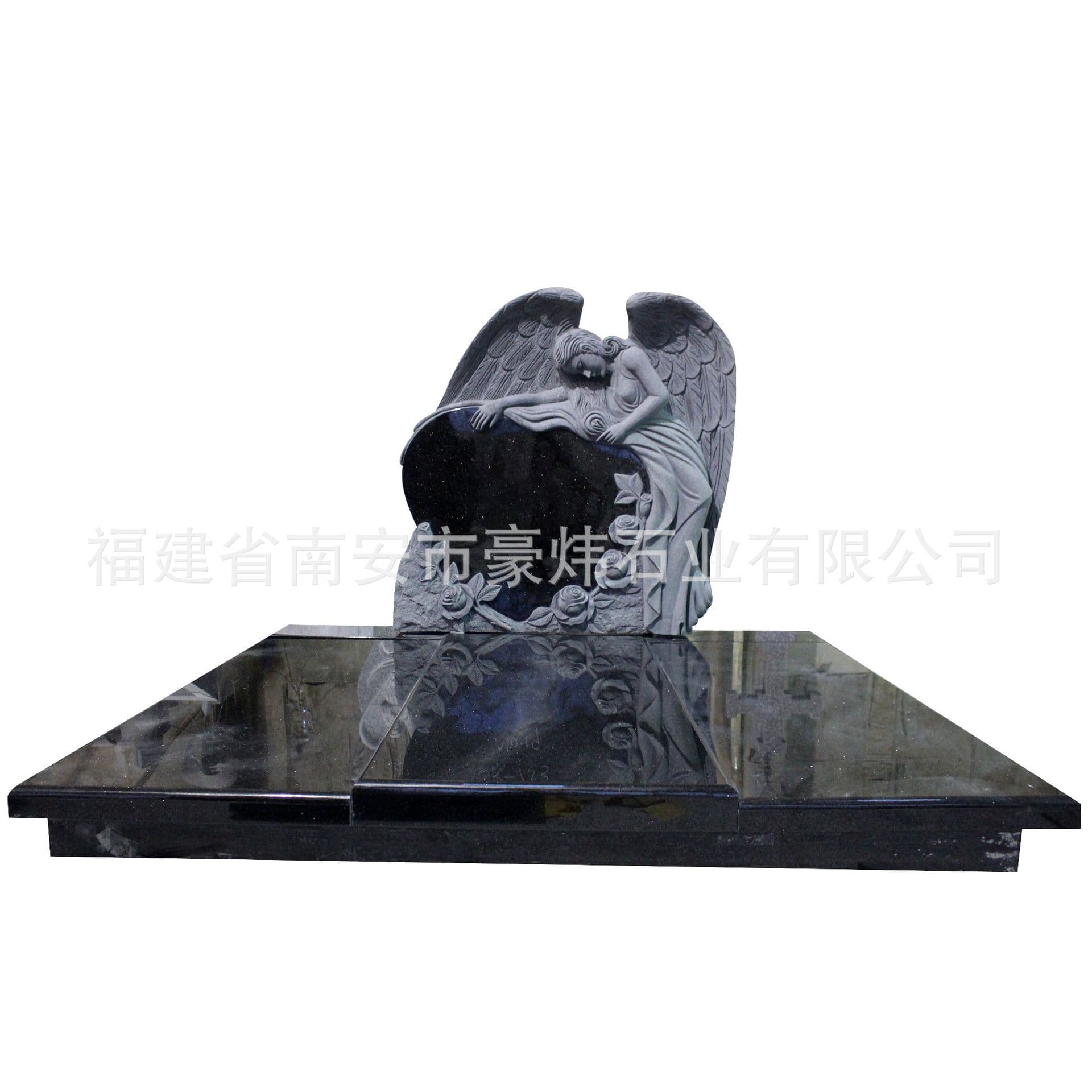 European Classic Design Angel and Rose Carved Black Granite Tombstone, Factory Direct Sales