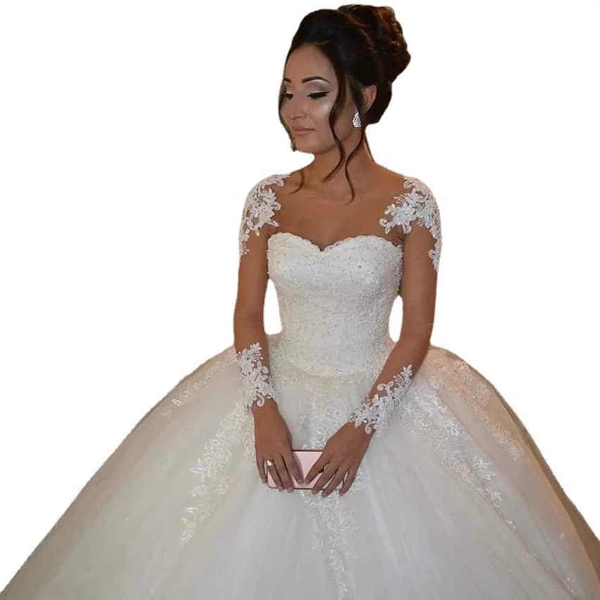 Bride Nude Mesh Long Sleeve Wedding Dress, Flat Embroidery, Simple Round Neck, Floor-Length, Sexy, 2026 New Style, Export Wedding Gown