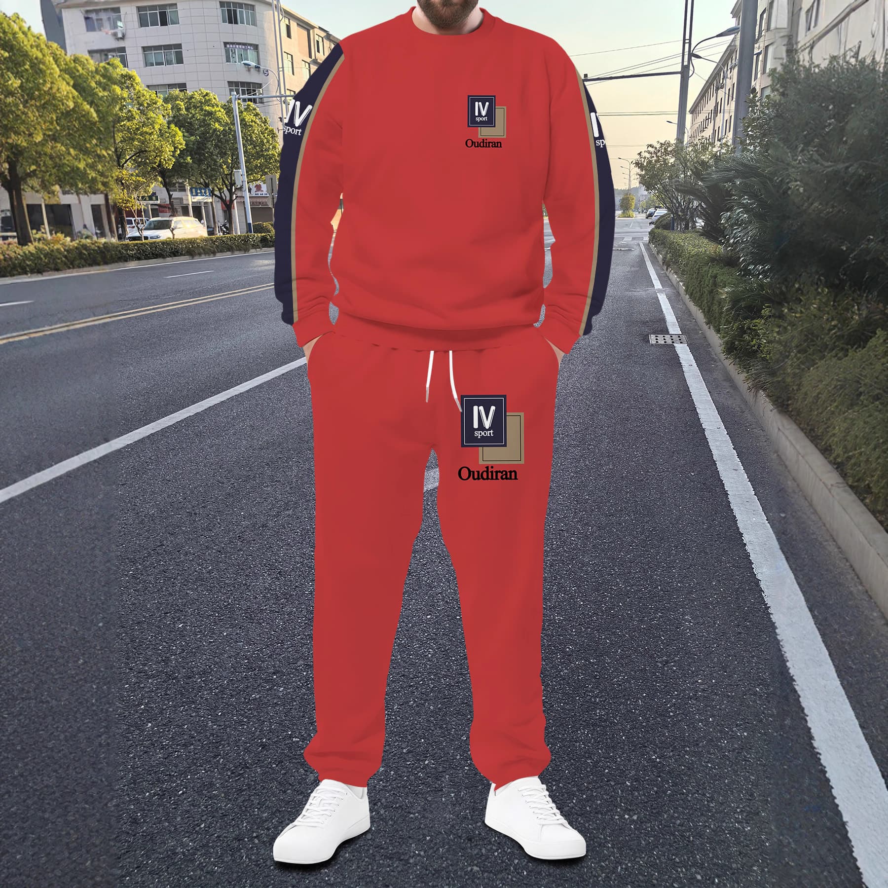 Autumn Winter Color Block Print Lazy Trendy Long Length Sports Set Crewneck Sweatshirt Sweatpants Two Piece Set