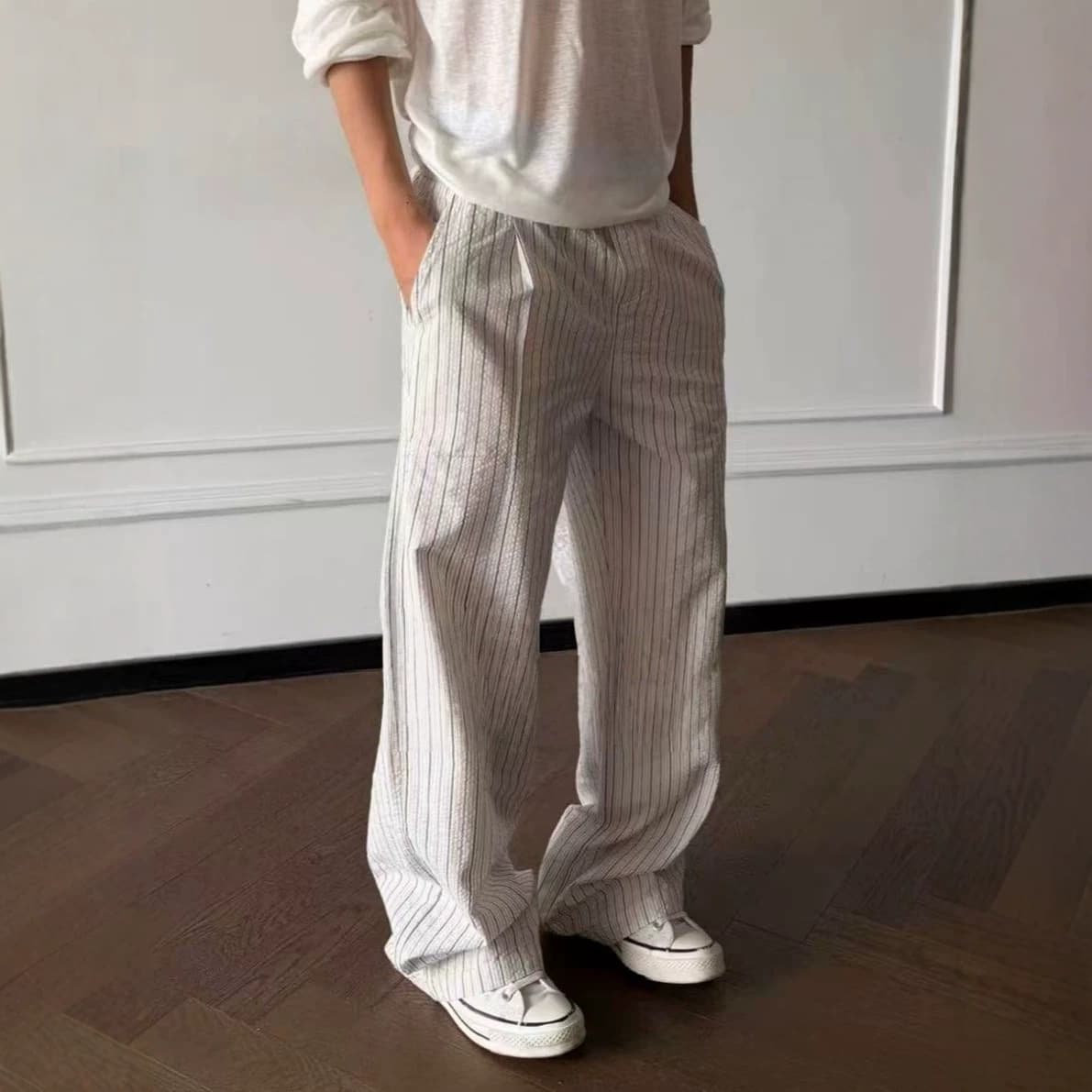 American old money style striped trousers for men and women, imitation linen straight casual casual draping cool trousers loose trousers for couples