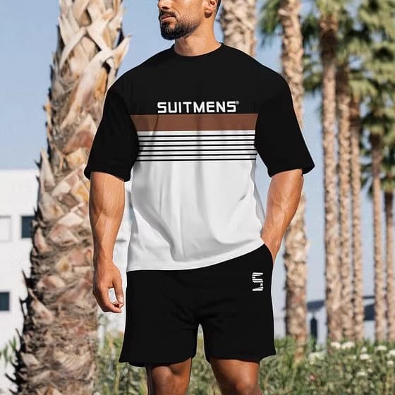 Cross-border European and American style TEMU Y2 men's casual two-piece short-sleeved round neck short-sleeved T-shirt shorts suit 3D printing