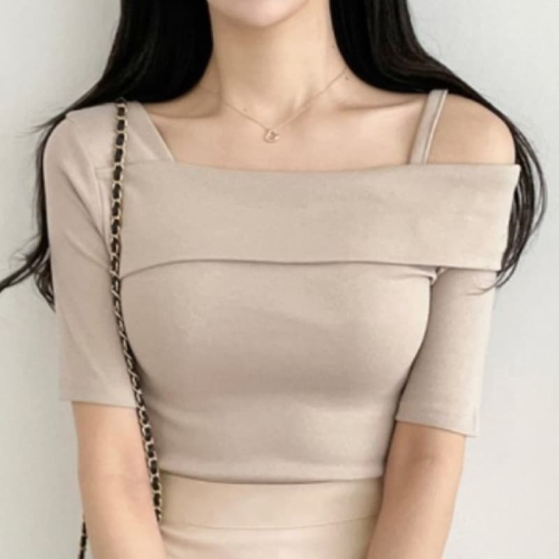 Pure Desire Style Short Sleeve T-Shirt Women Summer Sexy Oblique Collar Slimming Short Length Top Comfortable Polyester Fabric