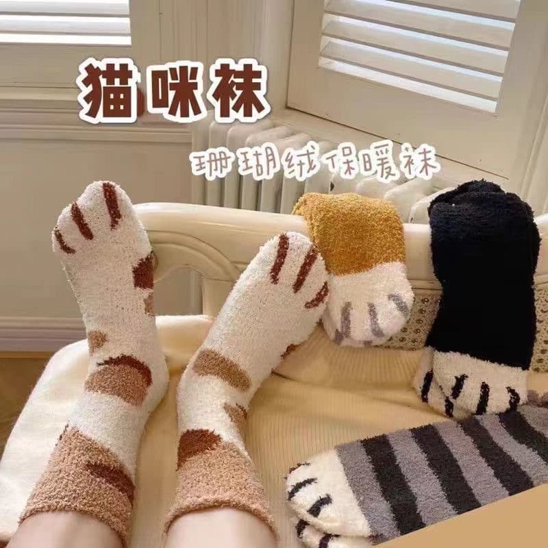 Plush socks for women, coral fleece autumn and winter thickened warmth mid-calf socks, floor socks, cat paw cute home versatile factory