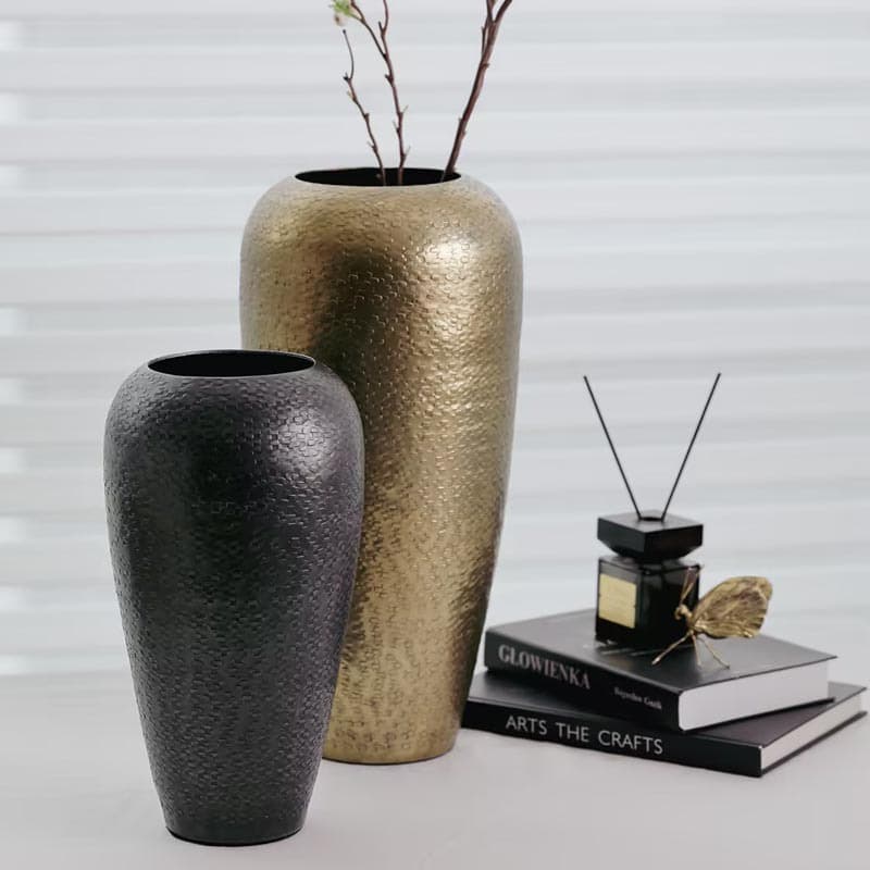 Modern light luxury bronze gold graphite knitted hammer pattern classic aluminum vase home decoration dried flower arrangement ornaments