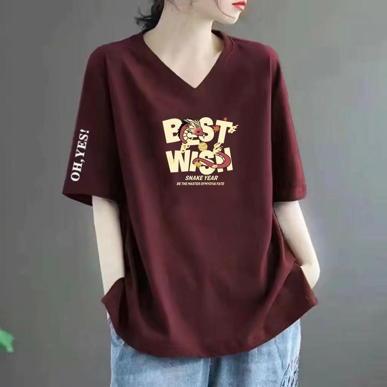 Clearance Foreign Trade Mother's Festive Year of the Snake V-neck Short-sleeved Women's T-shirt Casual Fashion Loose Slimming
