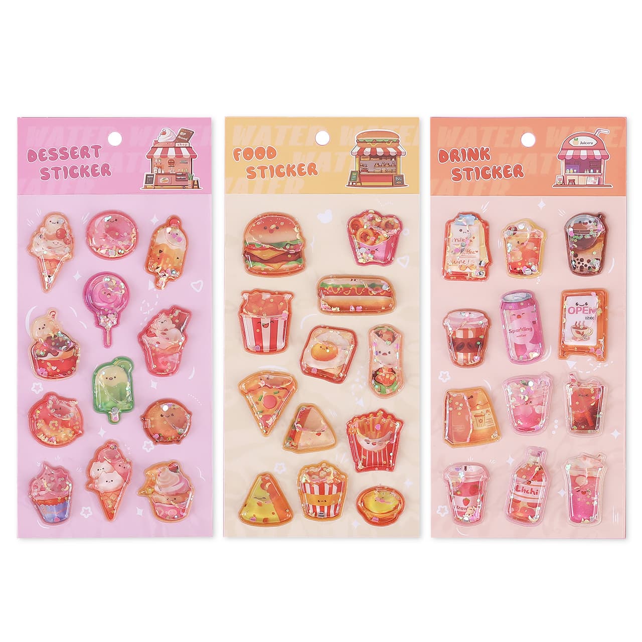 Food 3D Cartoon Three-Dimensional Shaking Water Sticker Water-Filled Shaker Glitter Sticker Journal Milk Tea Ice Cream Decorative Sticker