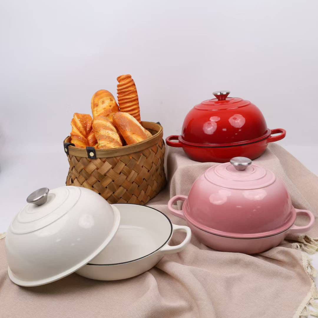 Cast Iron Enamel Black Bread Pot Dual-Use for Baking Bread and Roasting, Double-Ear Flat Bottom Frying Pan, Bread Baking, Diameter 26cm