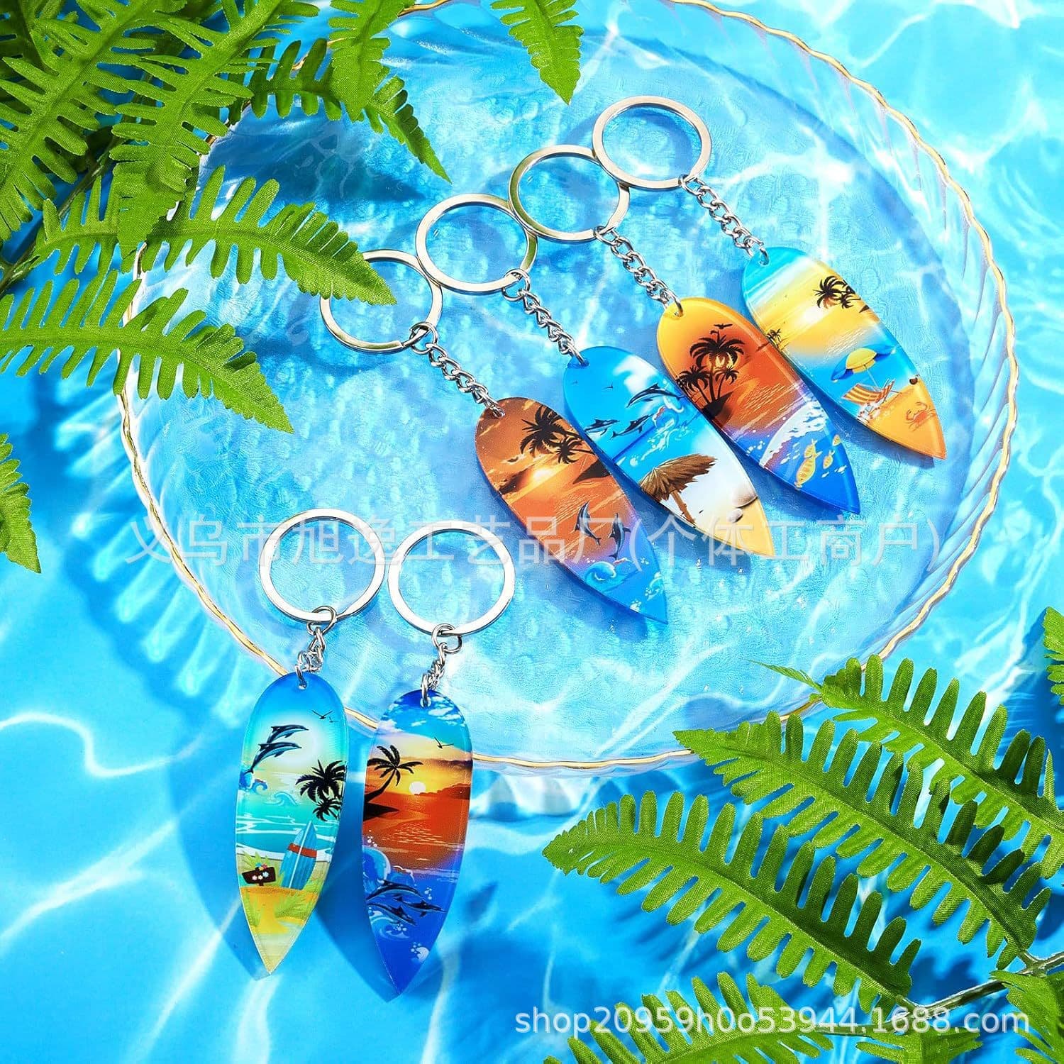 Cross-border Beach Party Pendant Surfboard Keychain Flat Acrylic Mini Coconut Keychain Back Keychain