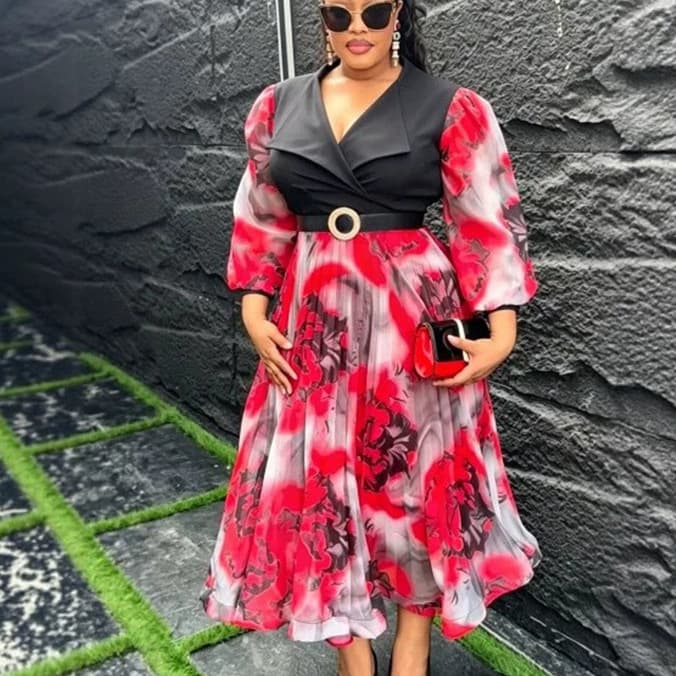 Plus size women's suit collar patchwork printed chiffon dress waist-cinching lantern sleeves belly-covering mid-length dress