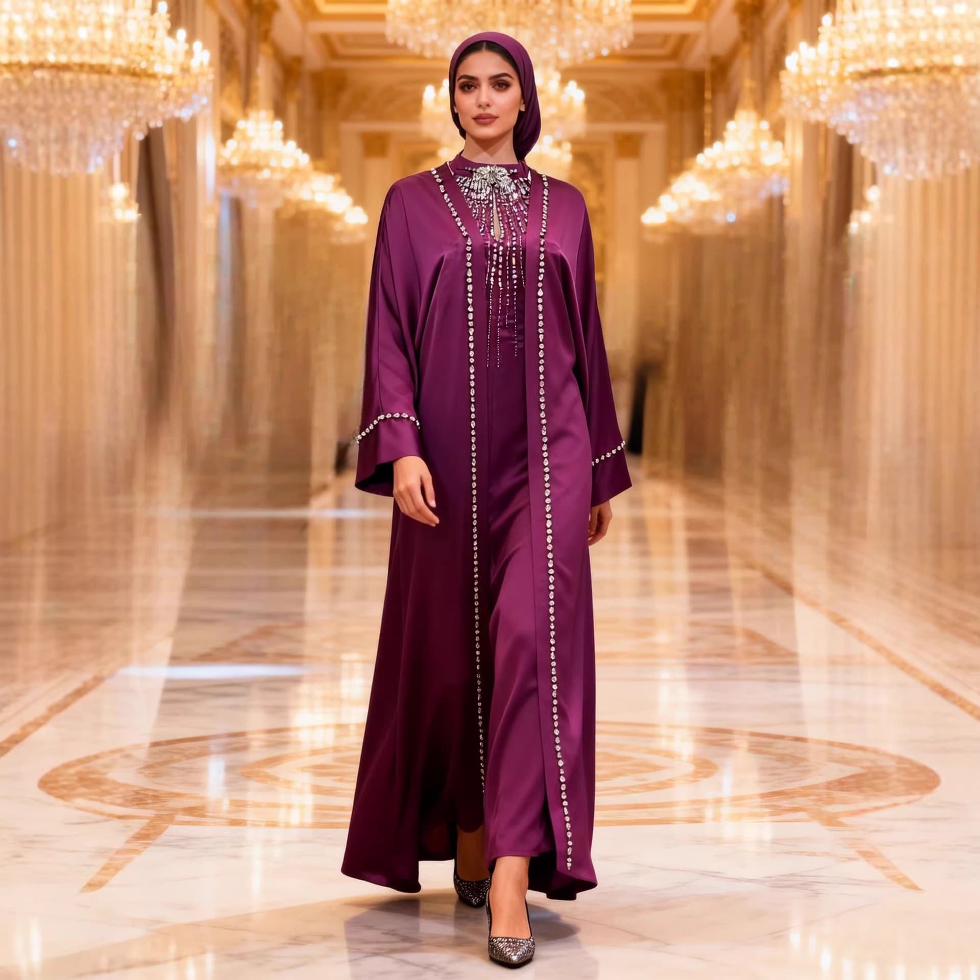 Two-Piece Elegant 3D Rhinestone Decorated Satin Robe Loose Flowing Drape Evening Dress