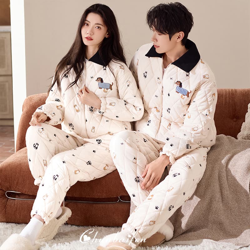 Waterproof Three-Layer Quilted Couple Pajamas 2025 New Winter Men and Women Down Jacket Thickened Warm Homewear Set